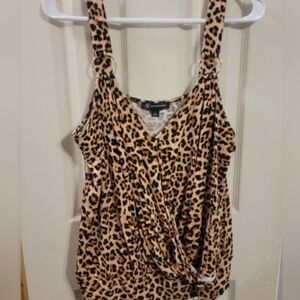 Leopard Print Faux-Wrap Tank Top with Ring Straps - Beige/Black